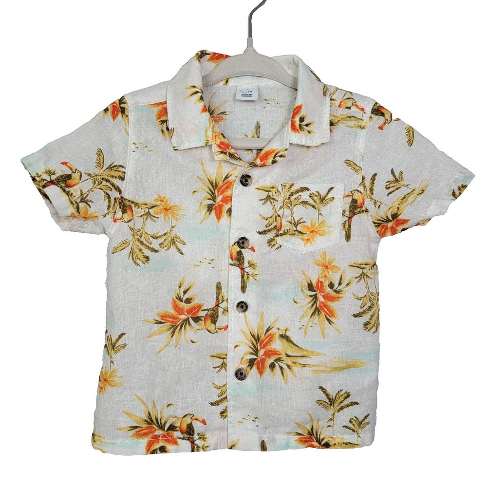 Old Navy Linen Blend Button Shirt Toucan Parrot Tropical Hawaiian Toddler 12-18